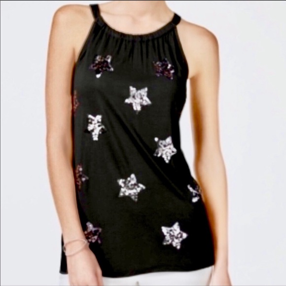 INC Black & Silver Sequin Stars Halter Tank - L - Picture 1 of 8